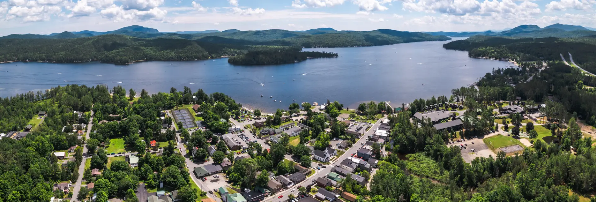 A town settled on the edge of a lake. 
