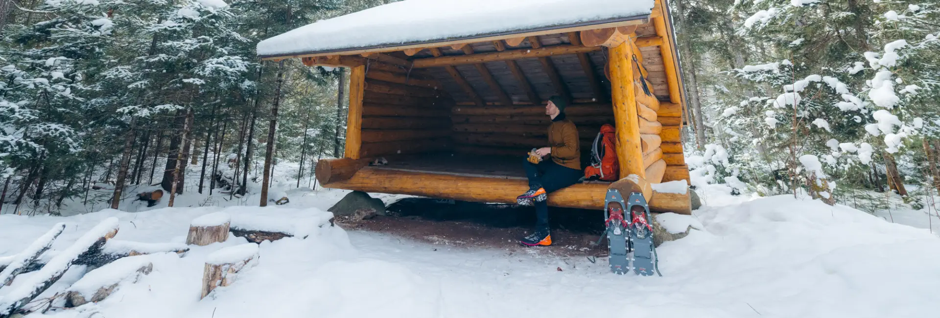 A snowy lean-to in the Adirondack Hub.
