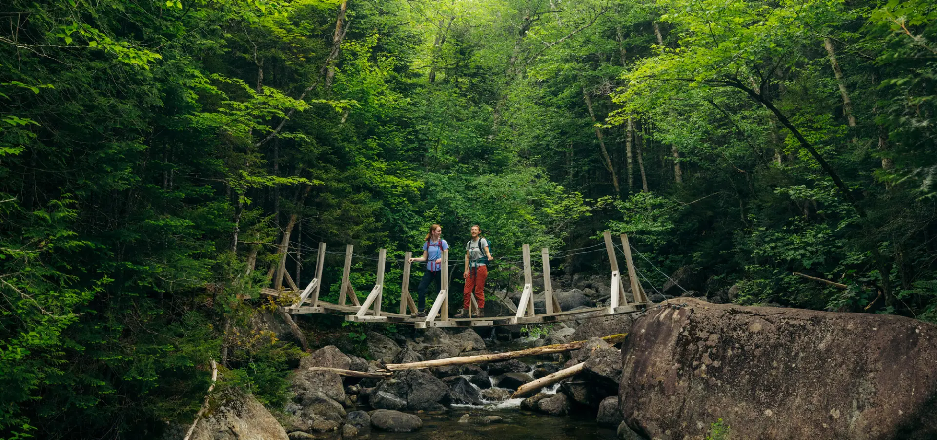 Two women stand on a wooden bridge on a hiking trail. 