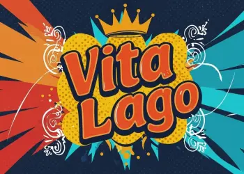 Vita Lago logo with bright stripes streaming from the letters, Red interior of the dining space and counter of Vita Lago.