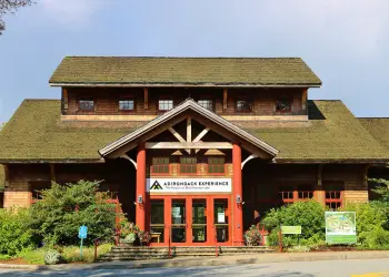 Front of museum, A woman rows a display boat, Pond and trees outside the museum, A large room with green walls and high ceilings where people are viewing the plaques under various displays like a carriage and a moose., A woman smiles under a wooden arch against a green wall where plaques describing the NPT are displayed, The entryway to the museum with large covered walkway, Blue Mountain Lake under billowing white clouds across a lush green lawn in front of a quaint white cabin., Art pieces on display in a long hallway with blue walls,  a blue carpet with a winding pathway design and blue light fixture that resembles waves, An entryway to the museum with stairs,  a large sign with the name and a massive wooden chair by the sidewalk, A small pond surrounded with grasses,  some Adirondack style chairs for adults and kids,  and two large gazebos, A close up image of some hand crafted chairs from centuries past., A new exhibit displaying many intricate,  handmade chairs from centuries past, A fabric tent covering a raised deck next to the pond, A log lean to, Life in the Adirondacks spelled out in large letters in the windows, A huge range of rustic decor from bark picture frames to show shoe lamps surrounding a birch bark hutch., An antique steam engine under a wooden structure, An older man and lady use the river driver log simulator