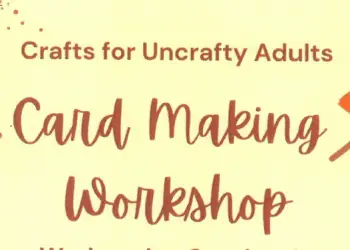 A fall themed poster for Crafts for Uncrafty Adults - Card Making Workshop - Wednesday October 1st 10am - 12pm at the Schroon Lake Public Library with an example of the versions of cards below. A bouquet of flowers,  a mushroom with leaves and acorns and a forest scene with pumpkins and leaves