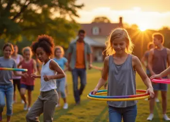 Kids and adults hula hooping