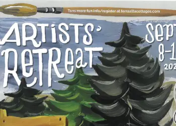 A painted poster with pine trees and a paint brush reading Artists Retreat Sept 8 - 13 2025