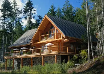 A log cabin, A grand living room with stone hearth and mountain views, Two people hold hands while looking out over pine trees and a lake