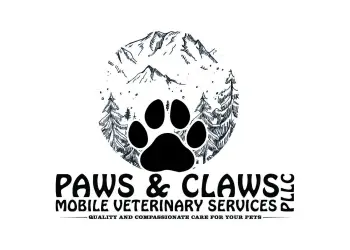 logo of black paw in front of black and white mountainscape 