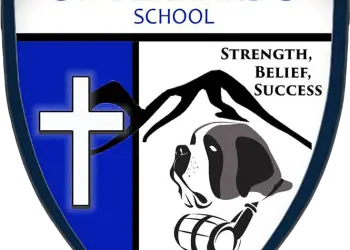St Bernards School logo of sheild,  cross and a st bernard dog with flask