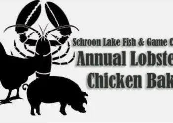 Silhouettes of a lobster,  chicken and pig next to the words Schroon Lake Fish & Game Bake