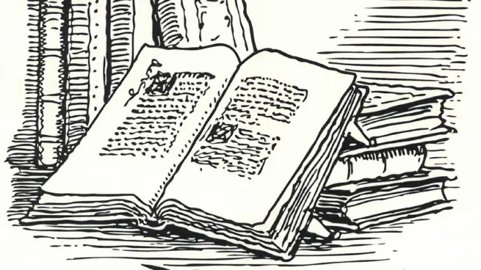 A black and white illustration of a book propped open with a pencil below