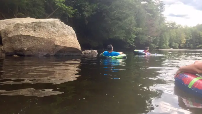 A group of people floating on tubes in a river