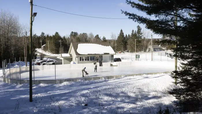 A wide angle view of an outdoor ice rink