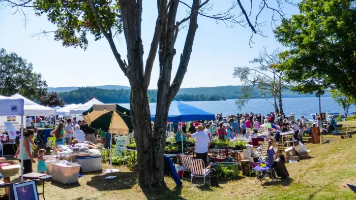 Vendors booths line the green by the lake