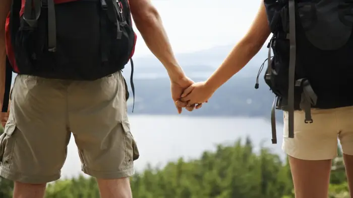 Two people hold hands while looking out over pine trees and a lake