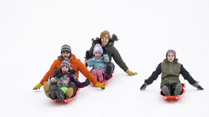 a family sledding down the hill on different sleds
