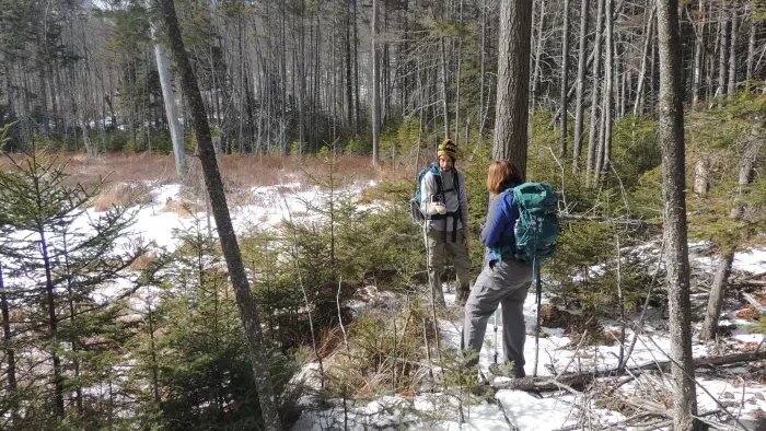 Two hikers on a snowy trail near Stony Pond