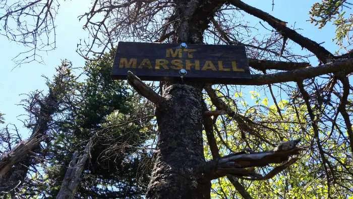 A wooden sign marking the summit of Mt Marshall