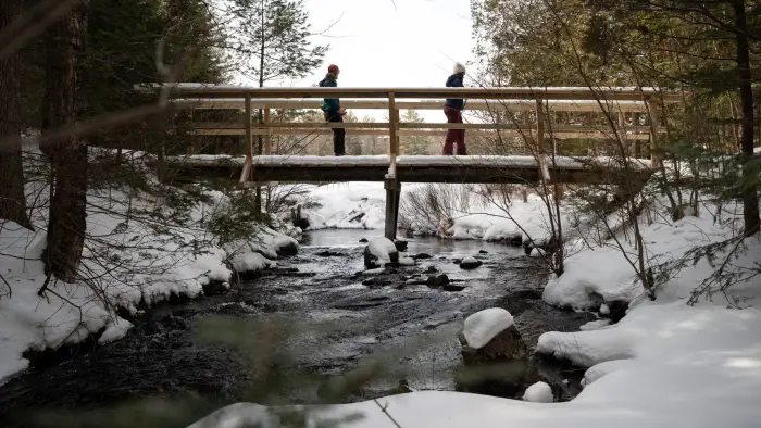 Two skiers crossing a wooden bridge