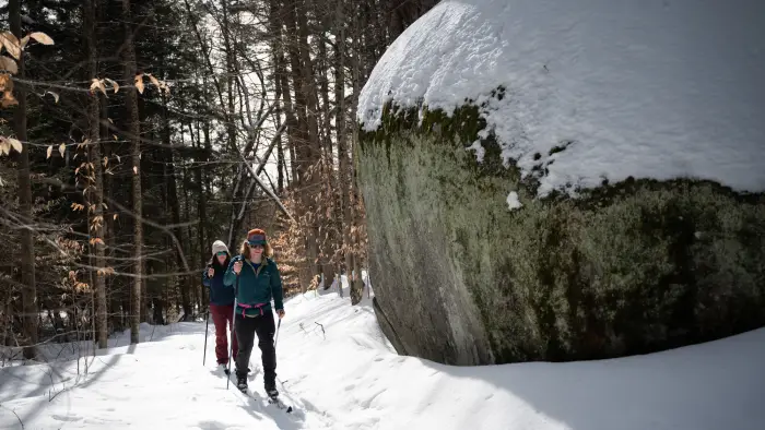 Two skiers gliding by a large erratic.