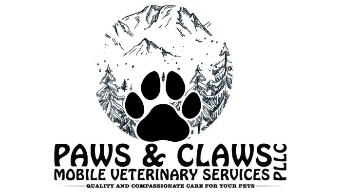 logo of black paw in front of black and white mountainscape 