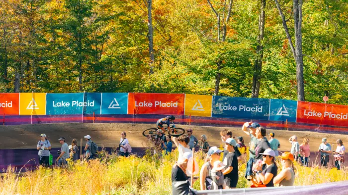 A competitor riding one of the berms on the course.
