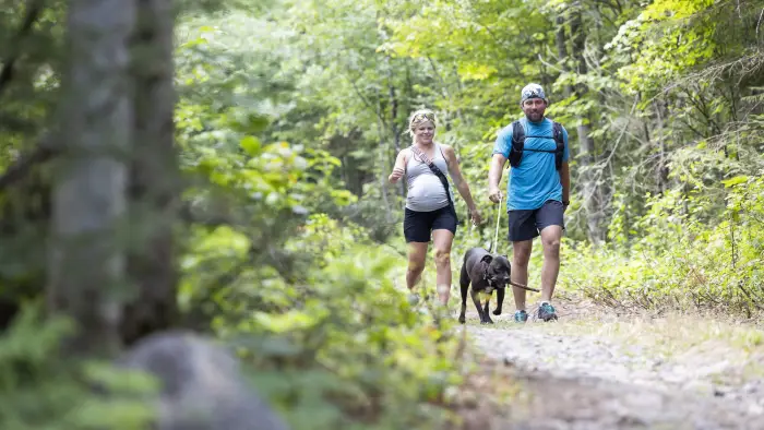 Two hikers with their dog