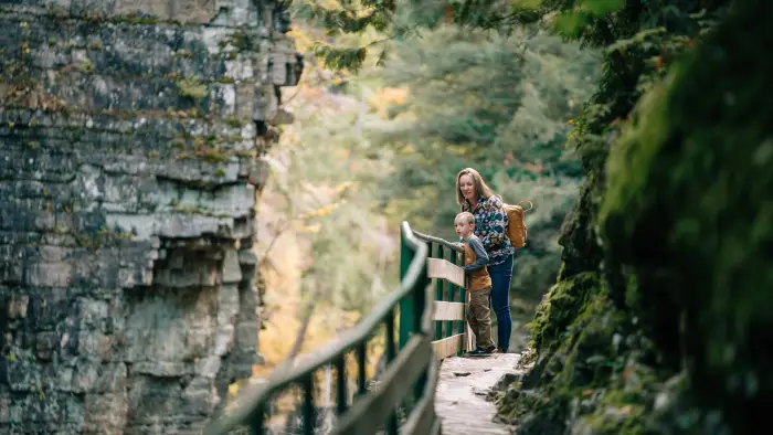 A mother and son peer over the railing into the chasm