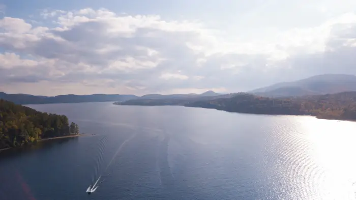 Aerial view of Schroon Lake in the fall