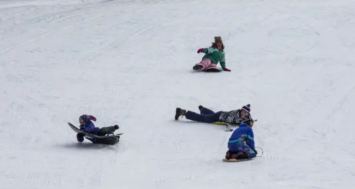 A group of kids laughing and sledding down a snowy hill.