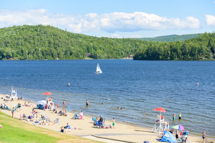 A lakefront beach on a sunny day.