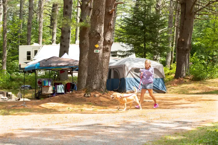 Happy camper walking her dog at Minerva campground