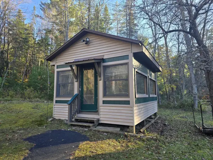 A small&#44; cozy Adirondack cabin surrounded by trees.