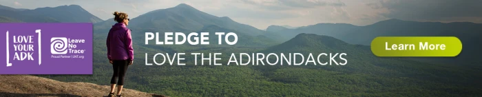 Love Your ADK Banner image showing a woman in the foreground looking out of an expanse of mountains in the background