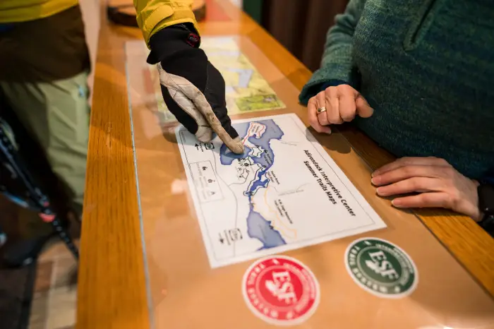 two people point to a map on a table