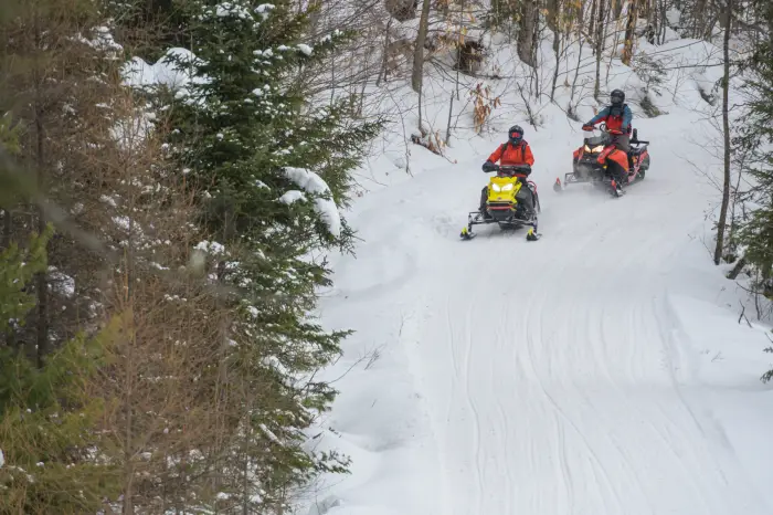 Two snowmobilers make their way through snowy forest on a groomed trail.