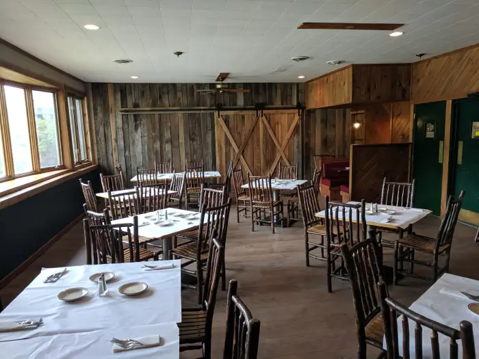 Inside the rustic dining area at the Trail Break Restaurant.