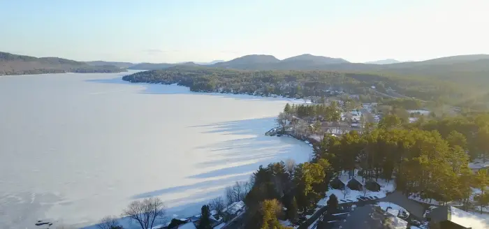 An aerial view of Schroon Lake in the winter.