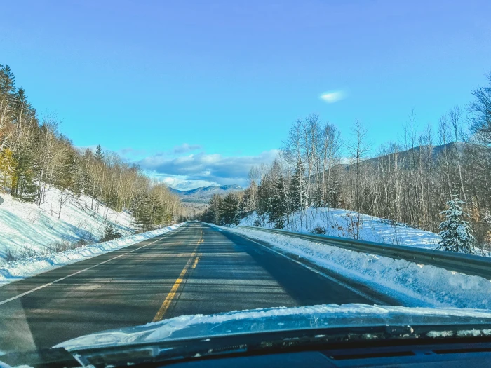 A road traverses a snowy forest.