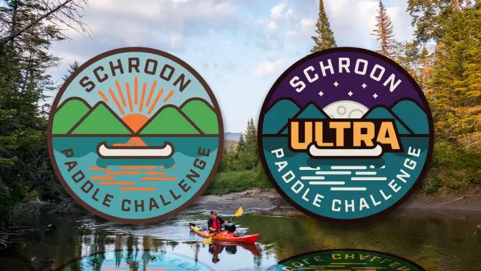Illustrations of the patches finishers of the challenge can receive&#44; overlaid on a photo of a man in a kayak.