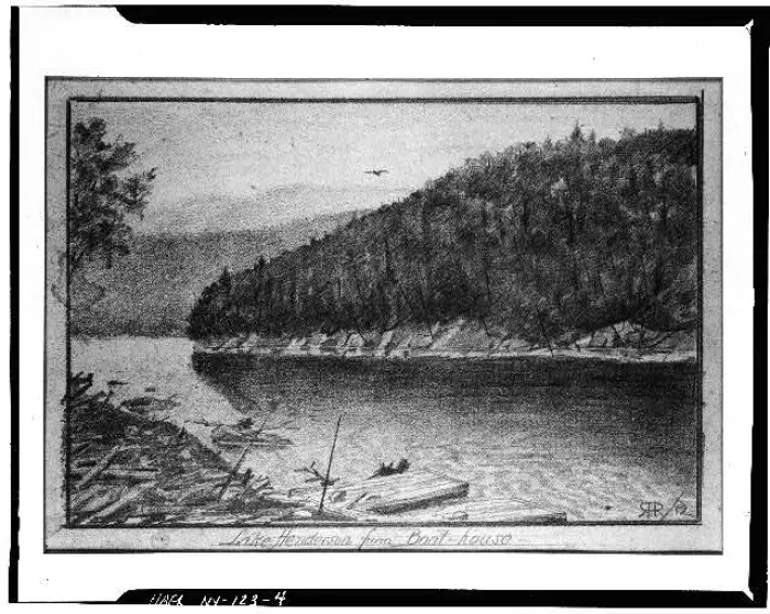 R.H. Robertson&#44; pencil and charcoal sketch&#44; Lake Henderson&#44; from Tahawus Club boat dock&#44; ca. 1914. Library of Congress collection.