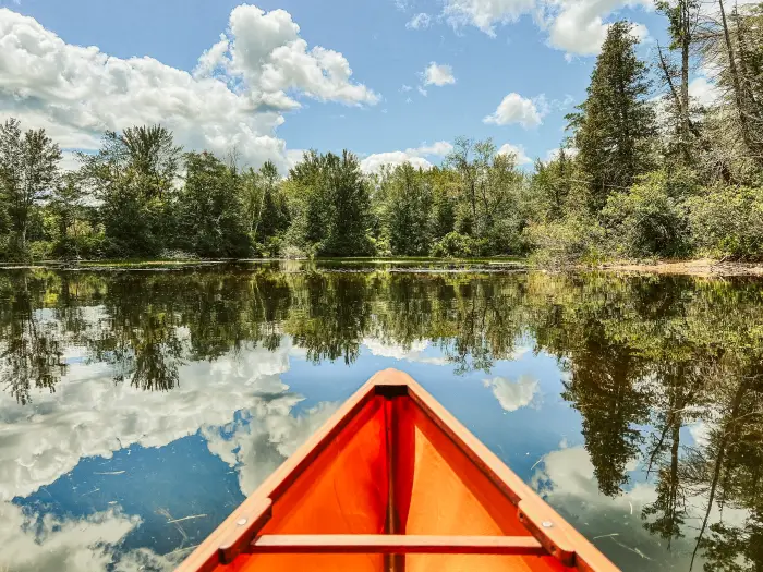 The bow of a canoe on a deep river with a forest view