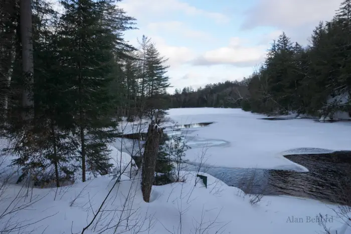 This canoe launch along Sucker Brook near Belden Lake will have to wait until spring and summer to realize its full potential.