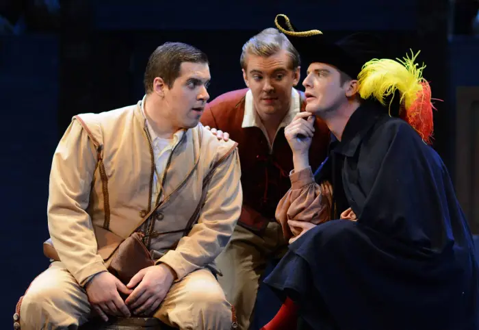 Three male singers perform in period costume at Seagle.