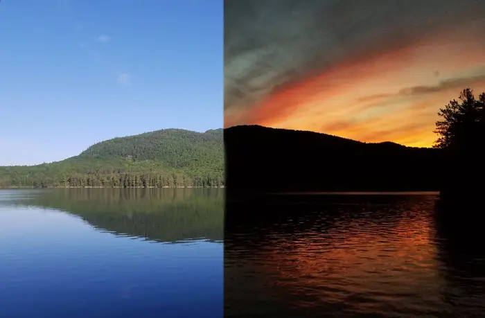 A split image of sunset and daytime at Pharaoh Lake with a mountain in the background.