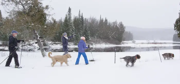 A family hikes with a dog down a snowy trail near a river