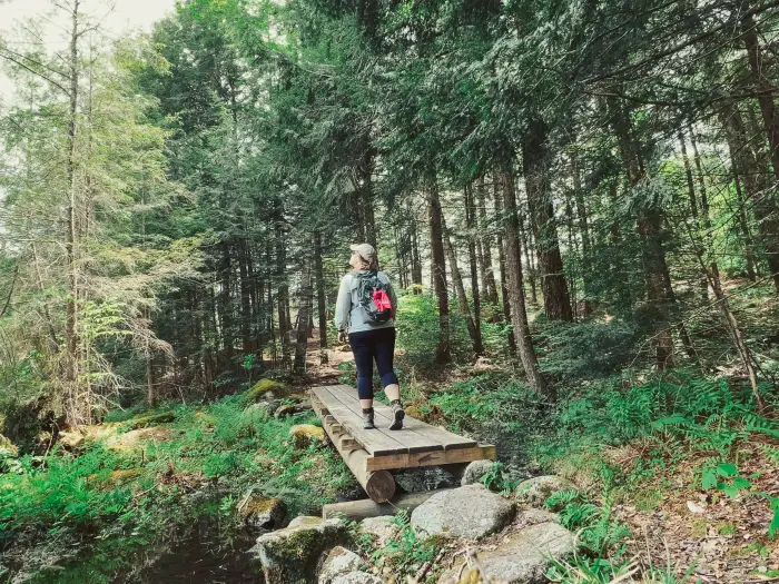 A woman hiking over a bridge through the woods