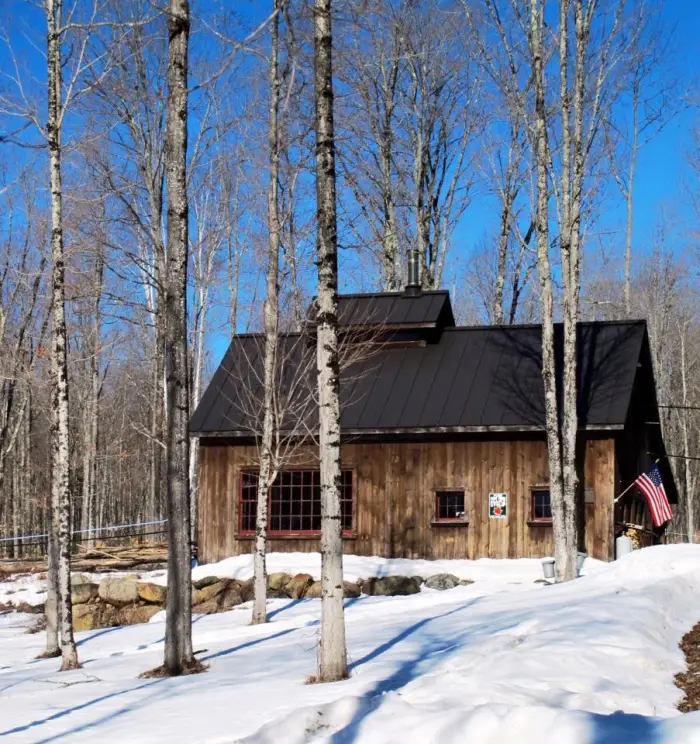 The sugar house at Maple Knoll Farm in winter.