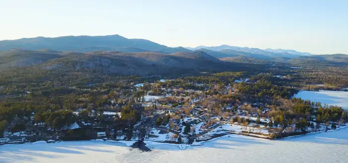 A lakeside village in the winter from the air