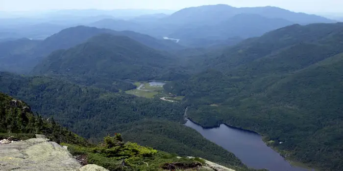 The view from the summit of Mount Colden&#44; looking south to Lake Colden and the Flowed Lands.