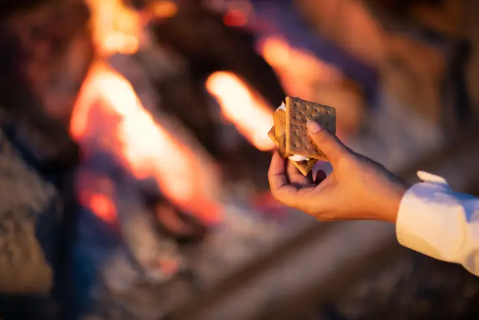 A freshly made S'more is held in front of a campfire