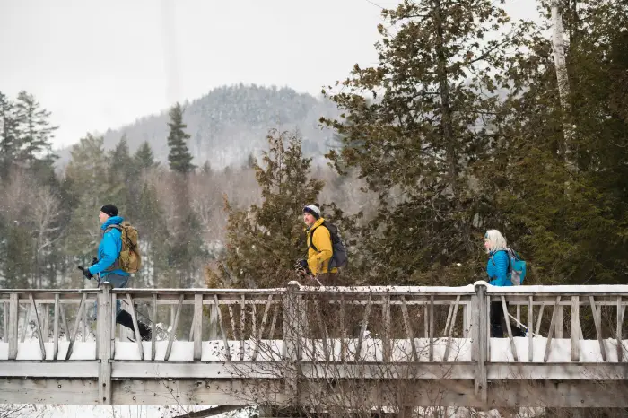 Three people walk a snowy bridge in winter.